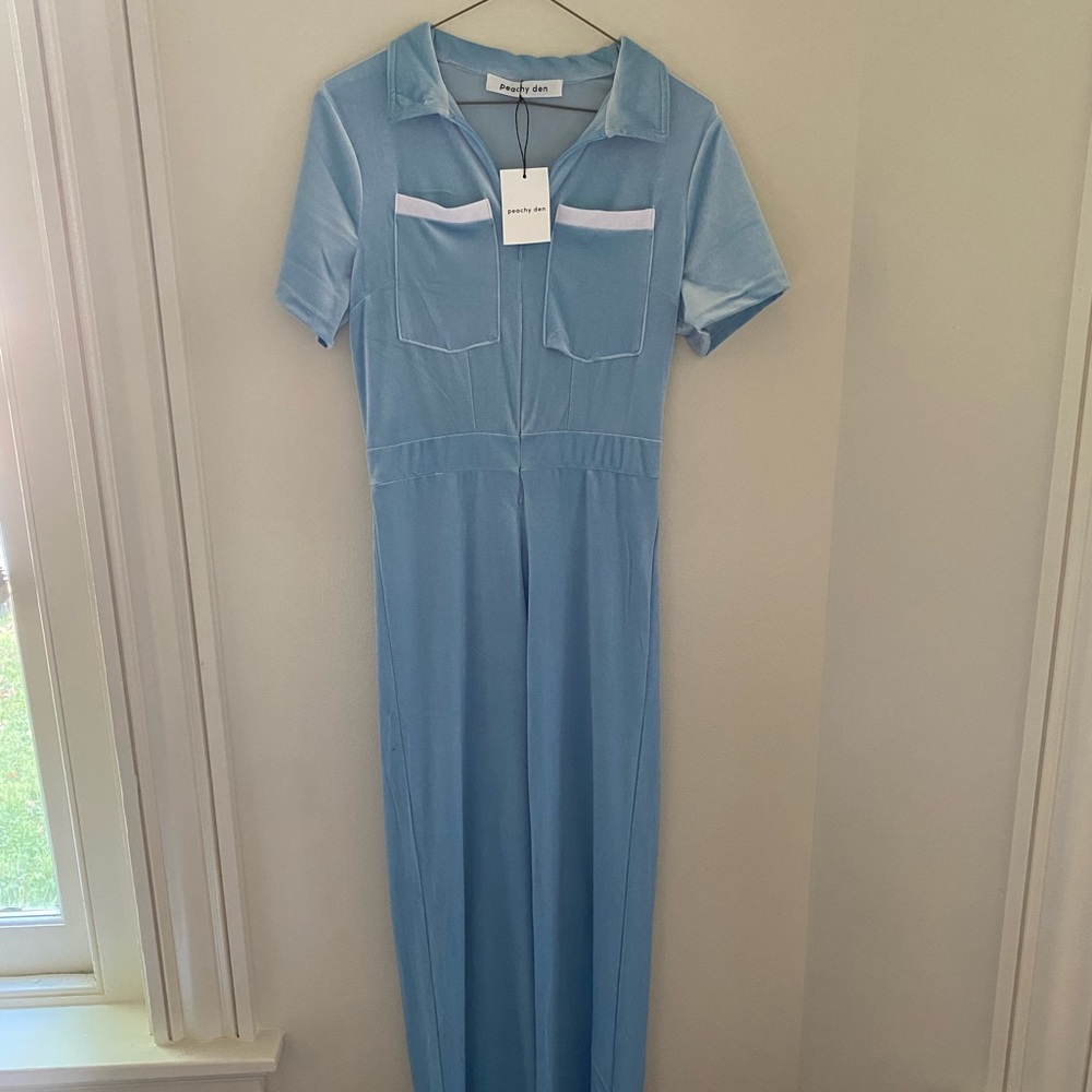 Peachy Den Baby Blue Velvet Jumpsuit - Picture 2 of 6